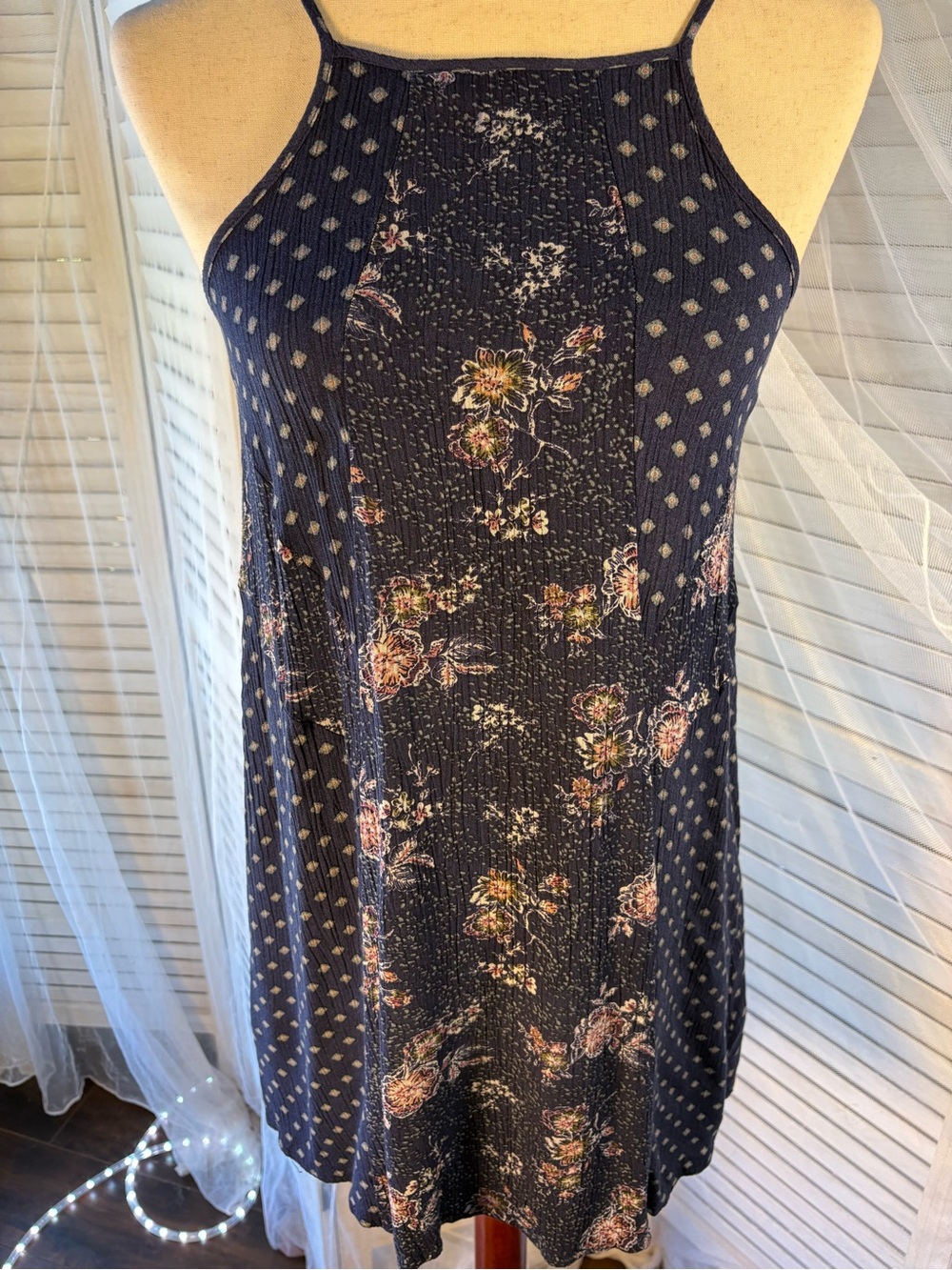 Wallflower Navy Floral Halter Mini Dress with Pink and Green Accents